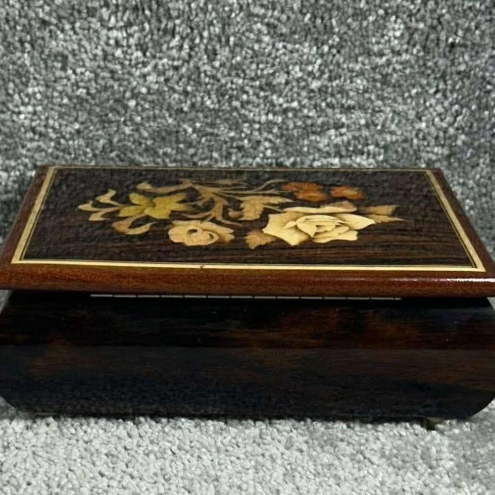 Reuge Music Box Brown Floral‎ Marquetry Lara's Theme Italy Vintage